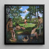 Summer Scene - Jean Frederic Bazille Art Print / Canvas Black-framed Classical Painting Men Swimwear Sunny, Ochre Trunks Clinging Prints