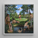 Summer Scene - Jean Frederic Bazille Art Print / Canvas Framed Oil Painting Group Young Men Swimwear Sunny, Ochre Trunks Clinging Prints