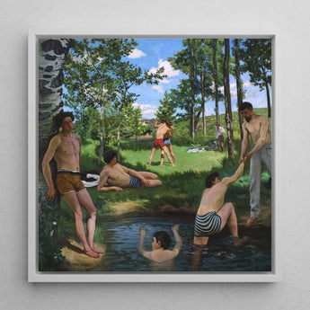 Summer Scene - Jean Frederic Bazille Art Print / Canvas Framed Oil Painting Group Young Men Swimwear Sunny, Ochre Trunks Clinging Prints