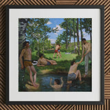 Summer Scene - Jean Frederic Bazille Art Print / Canvas Framed Painting Group Men Swim Trunks Sunny Day, Ochre Clinging Prints