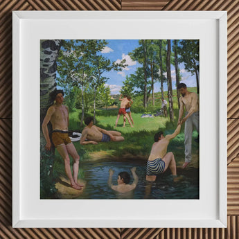 Summer Scene - Jean Frederic Bazille Art Print / Canvas White Framed Painting Group Men Swim Trunks Sunny, Ochre Clinging Prints