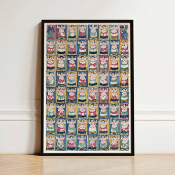 Framed Artwork Grid Colorful Stylized Sumo Wrestlers Traditional Utagawa Yoshikazu Art Print, Edo-period ōban, Osaka