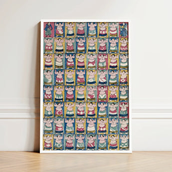 Framed Poster Grid Colorful Stylized Sumo Wrestlers Traditional Utagawa Yoshikazu Art Print, Edo-period ōban, Osaka