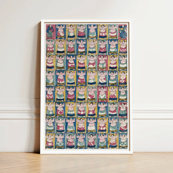 Framed Poster Grid Colorful Stylized Sumo Wrestlers Vibrant Utagawa Yoshikazu Art Print, Edo-period ōban, Osaka