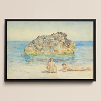 The Sunbathers - Henry Scott Tuke Fine Art Print / Canvas Black-framed Watercolor Painting Textured Gray Rock Ocean Two Boyhood’s
