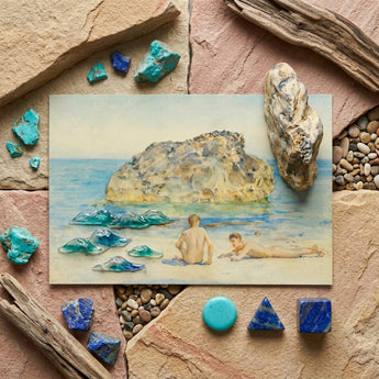 The Sunbathers - Henry Scott Tuke Fine Art Print / Canvas Watercolor Painting Two Figures Beach Turquoise Waves Rocky Boyhood’s Transitory