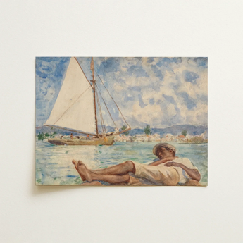 Serene Watercolor Painting Depicts Man Light-colored Attire Sea Sunny Hours, Working Harbor Forgets, Stretched Flat, Pale Cotton Shirt,