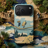 Suspension Bridge - Katsushika Hokusai Phone Case Blue Beige Phone Case Detailed Illustration Two Figures Katsushika Hokusai Iphone, Iphone