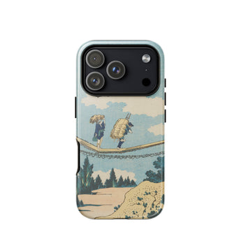 Suspension Bridge - Katsushika Hokusai Phone Case Iphone 17 Pro / Gloss Light Blue Phone Case Illustration Two Figures Suspension