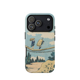 Suspension Bridge - Katsushika Hokusai Phone Case Iphone 17 Pro / Matte Light Blue Phone Case Vintage-style Illustration Two Figures