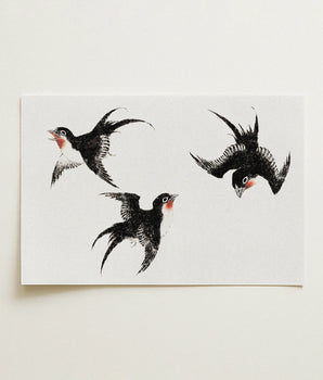 White Rectangular Card Three Black-and-white Illustrated Swallows Red Katsushika Hokusai, Traps, Velocity, Art, Print, Wingtips Splayed