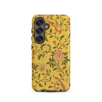 Sweet Summer - Painted Chinese Silk Phone Case Samsung Galaxy S25 / Matte Vibrant Yellow Phone Case Adorned Intricate Design Birds Sweet