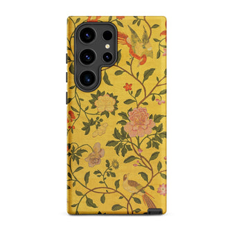 Sweet Summer - Painted Chinese Silk Phone Case Samsung Galaxy S24 Ultra / Matte Vibrant Yellow Phone Case Adorned Intricate Floral Bird