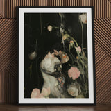 Sweet Surrender - Gay Neo-romantic Art Print / Canvas Black Framed Artwork Floral Elements Dark Background, Embrace Lit, Blush Pink Bloom