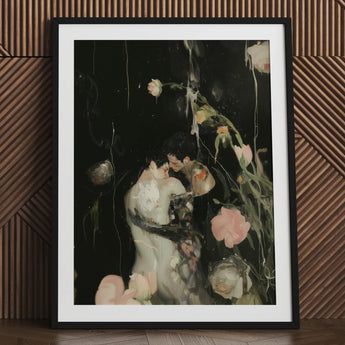 Sweet Surrender - Gay Neo-romantic Art Print / Canvas Black Framed Artwork Floral Elements Dark Background, Embrace Lit, Blush Pink Bloom