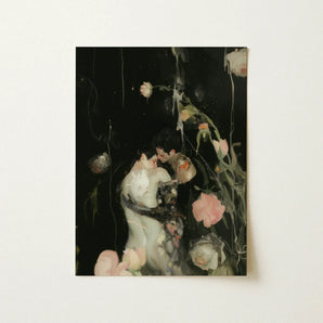 Sweet Surrender - Gay Neo-romantic Art Print / Canvas Rectangular Painting Romantic Embrace Two Figures Surrounded, Lit, Blush Pink Bloom