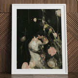 Sweet Surrender - Gay Neo-romantic Art Print / Canvas White Framed Floral Black Background Roses Leaves, Embrace Lit, Blush Pink Bloom