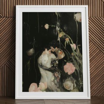 Sweet Surrender - Gay Neo-romantic Art Print / Canvas White Framed Floral Black Background Roses Leaves, Embrace Lit, Blush Pink Bloom