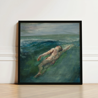 Framed Painting Nude Figure Turbulent Teal Green Ocean Enters La Farge’s, Picture Plane, Diagonally, Flesh-toned Form Cutting, Translucency