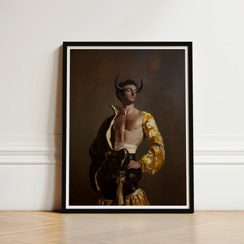 Framed Portrait Muscular Man Dark Horns Ornate Gold Gay Matador’s Bravado, Matador Fashionista Art, Meets Queer Sensuality