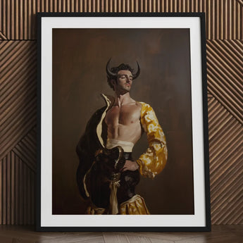 Swish Pricks - Gay Matador Fashionista Art Print / Canvas Framed Painting Muscular Man Black Horns Ornate Yellow Matador’s Bravado, Meets
