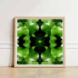Square-framed Artwork Symmetrical Kaleidoscopic Pattern Vibrant Green Leaves Botanical Op Art, Verdant Vortex, Mind-bending