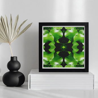 Take me to your Leader - Trippy Leaves Op Art Print / Canvas Framed Abstract Green Black Symmetrical Artwork White Surface Botanical,