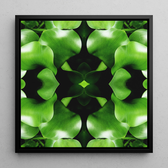 Take me to your Leader - Trippy Leaves Op Art Print / Canvas Square-framed Artwork Symmetrical Kaleidoscopic Pattern Vibrant Green Leaves