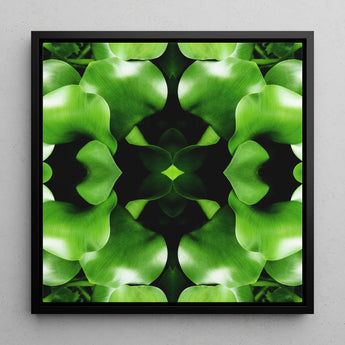 Take me to your Leader - Trippy Leaves Op Art Print / Canvas Square-framed Artwork Symmetrical Kaleidoscopic Pattern Vibrant Green