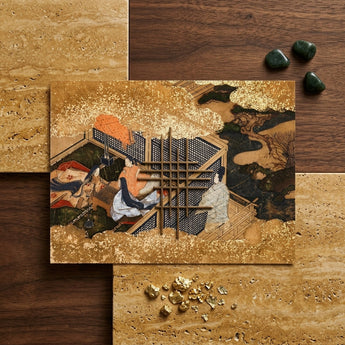 Tale of Genji - Japanese Courtly Aesthetics Art Print / Canvas Rectangular Gold-leafed Decorative Card Intricate Traditional Scene Kneels