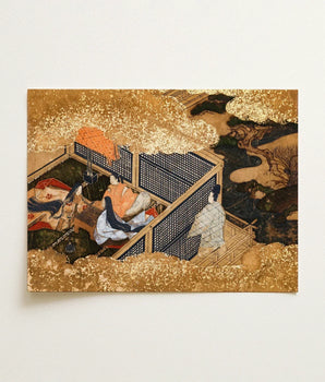 Traditional Japanese Woodblock Print Scene Figures Ornate Robes Genji Kneels Beneath, Courtly Aesthetics, Rolled-back Eaves