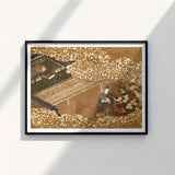 Black-framed Print Traditional Japanese Ukiyo-e Style Artwork Figure Garden Woodblock, Courtier Kneels Patterned Robes, Art
