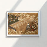 Framed Japanese Ukiyo-e Print Figure Traditional Attire Amidst Garden Woodblock, Courtier Kneels Patterned Robes, Art