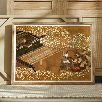 Tale of Genji - Japanese Garden Woodblock Art Print / Canvas Framed Painting, Courtier Kneels Patterned Robes, Prints