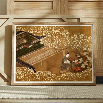 Tale of Genji - Japanese Garden Woodblock Art Print / Canvas Framed Japanese Painting Garden Woodblock, Courtier Kneels Patterned Robes,