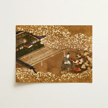 Tale of Genji - Japanese Garden Woodblock Art Print / Canvas Traditional Painting Figure Ornate Robes Amidst Cherry, Courtier Kneels