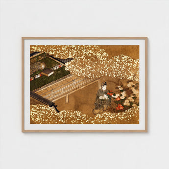 Tale of Genji - Japanese Garden Woodblock Art Print / Canvas, Courtier Kneels Patterned Robes, Prints