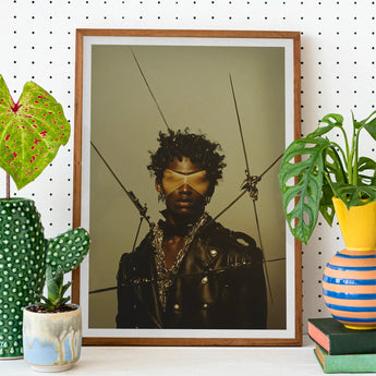 On Target - Tamil Gay Motorcycle Queen Art Print / Canvas Framed Portrait Person Gold Blindfold Caught, Mid-transfiguration, Black Prints