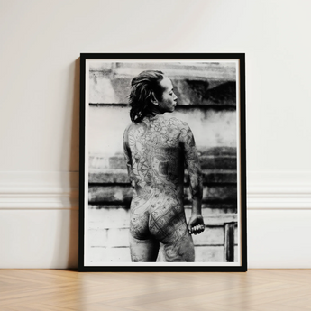 Tattooed Betto - Sexy Japanese Horse-man Art Print / Canvas Black-framed Black-and-white Photographic Person Viewer Irezumi, Chrysanthemum
