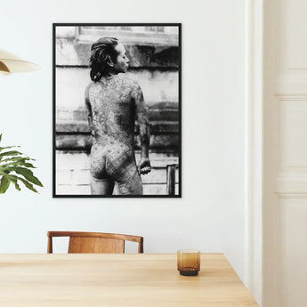 Tattooed Betto - Sexy Japanese Horse-man Art Print / Canvas Black-framed Black-and-white Photographic Person Viewer Irezumi, Chrysanthemum