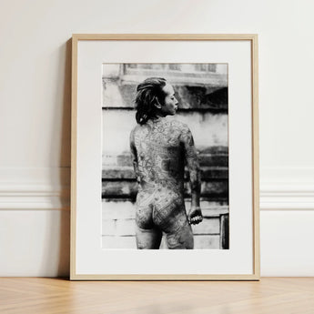 Tattooed Betto - Sexy Japanese Horse-man Art Print / Canvas Black-and-white Framed Photograph Person Intricate Tattoos Light Wood Irezumi,