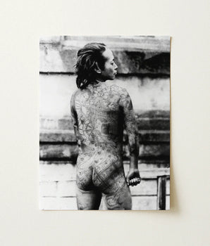 Black-and-white Photographic Print Person Extensive Traditional Japanese-style Tattoos Japanese Irezumi, Chrysanthemum Blooms, Betto
