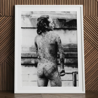 Tattooed Betto - Sexy Japanese Horse-man Art Print / Canvas White Framed Black Photograph Man Irezumi, Chrysanthemum Blooms, Situates Prints