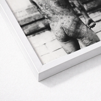 Tattooed Betto - Sexy Japanese Horse-man Art Print / Canvas White Framed Black Photographic Figure Brickwork Irezumi, Chrysanthemum Blooms,