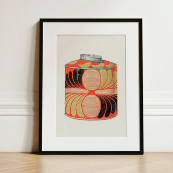 Tea Caddy - Jacob Gielens 1930s Kitchen Art Print / Canvas Vibrant Orange Cylindrical Tin Silver Lid Adorned Bold Gielens’, Wonderland,