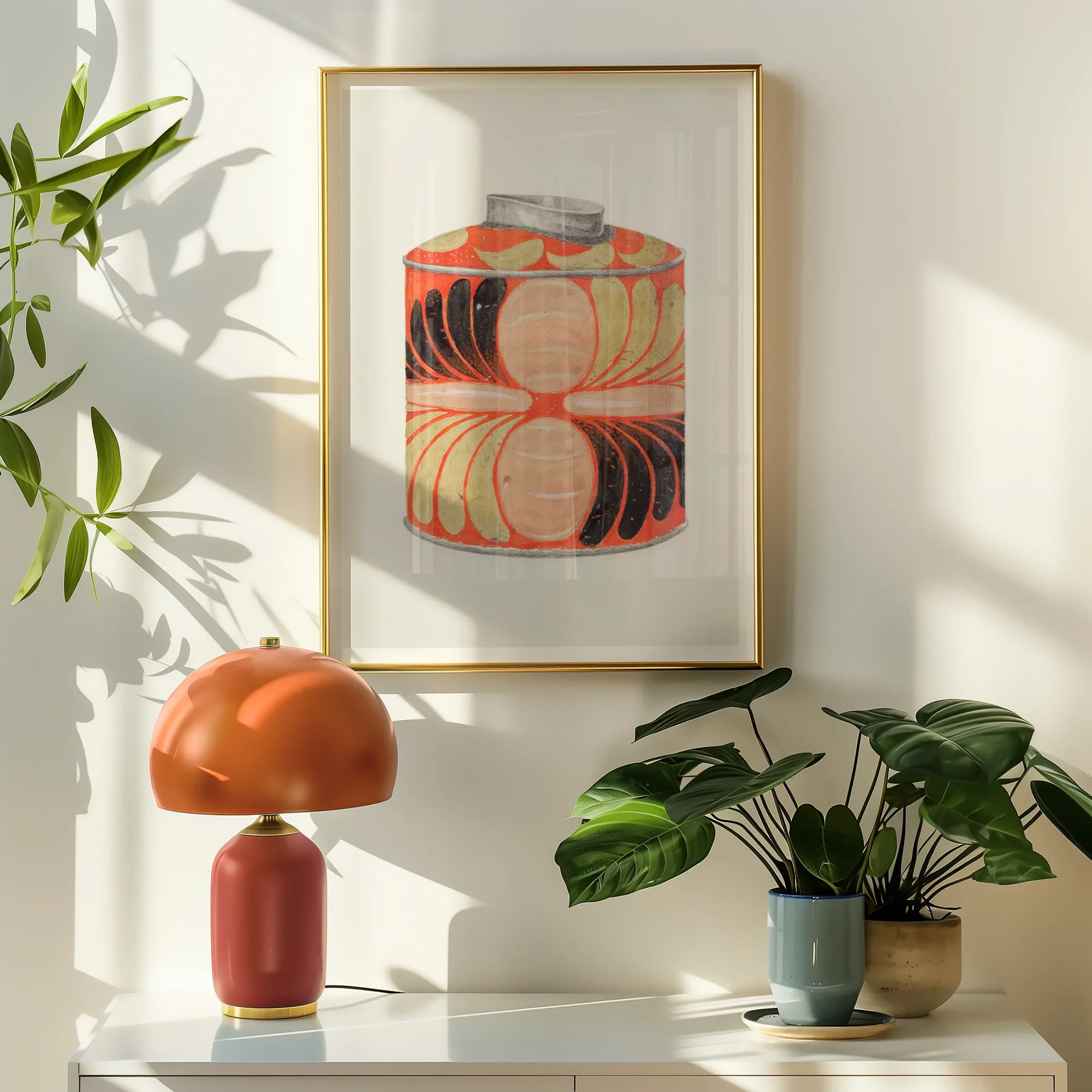 Tea Caddy - Jacob Gielens 1930s Kitchen Art Print, Framed Artwork Cylindrical Container Abstract Red Black Patterns