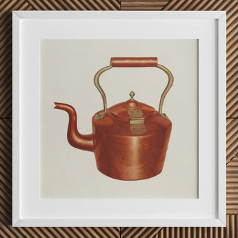 Tea Kettle - Edward L. Loper 1930s Kitchen Art Print / Canvas Vintage-style Copper Curved Spout Arched Handle Framed, Burnished Beauty,