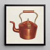 Tea Kettle - Edward L. Loper 1930s Kitchen Art Print / Canvas Vintage-style Copper Curved Spout Arched Handle Framed, Burnished Beauty,