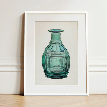Teal Carafe - Van Silvay 1930s Glassware Art Print / Canvas Framed Illustration Glass Bottle Fluted Ribbed Narrow, Decorative, Prints