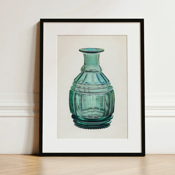 Teal Carafe - Van Silvay 1930s Glassware Art Print / Canvas Framed Illustration Glass Vase Fluted Ribbed Slender, Decorative, Prints